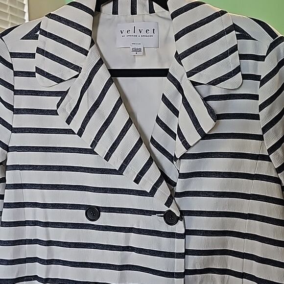 Anthropologie‎ Velvet By Graham White and Navy Striped Double Peacoat Size Small - Picture 4 of 9